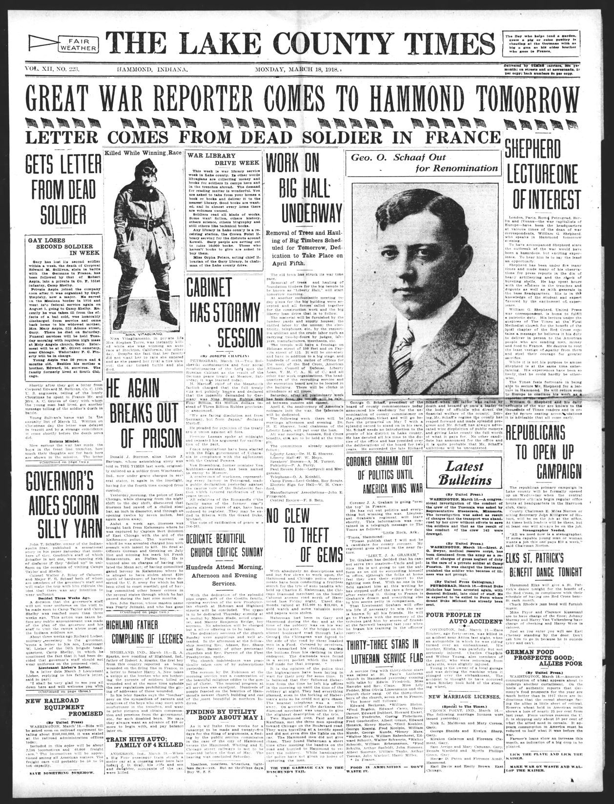 March 18, 1918: Letter Comes From Dead Soldier In France